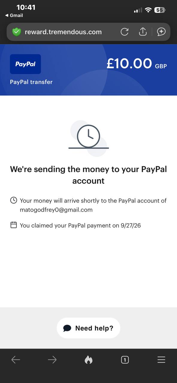 A student's £10 GBP PayPal payout screenshot from online surveys