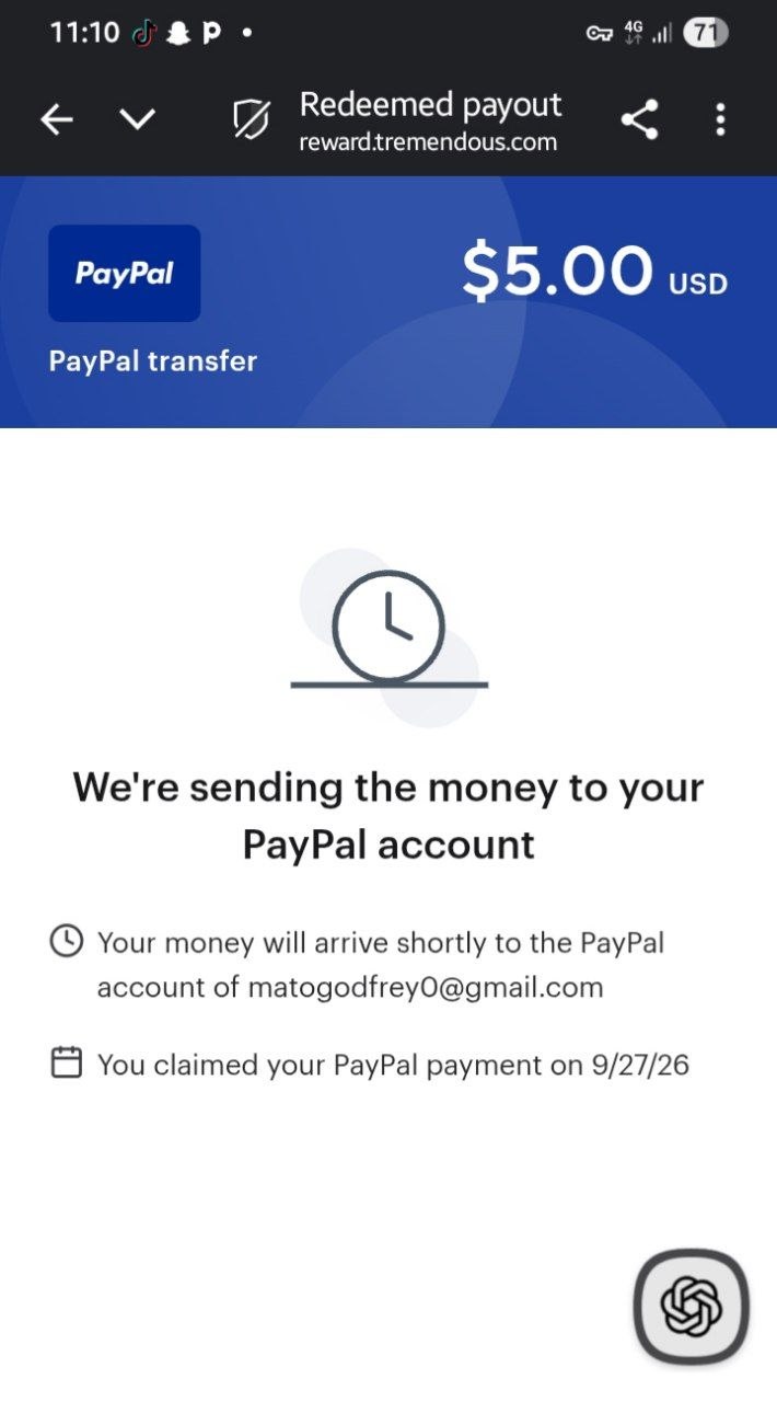 A student's $5 USD PayPal payout screenshot from online surveys