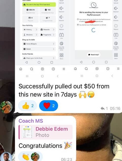 Debbie Edem's $50 payout screenshot after 7 days in Elites Academy